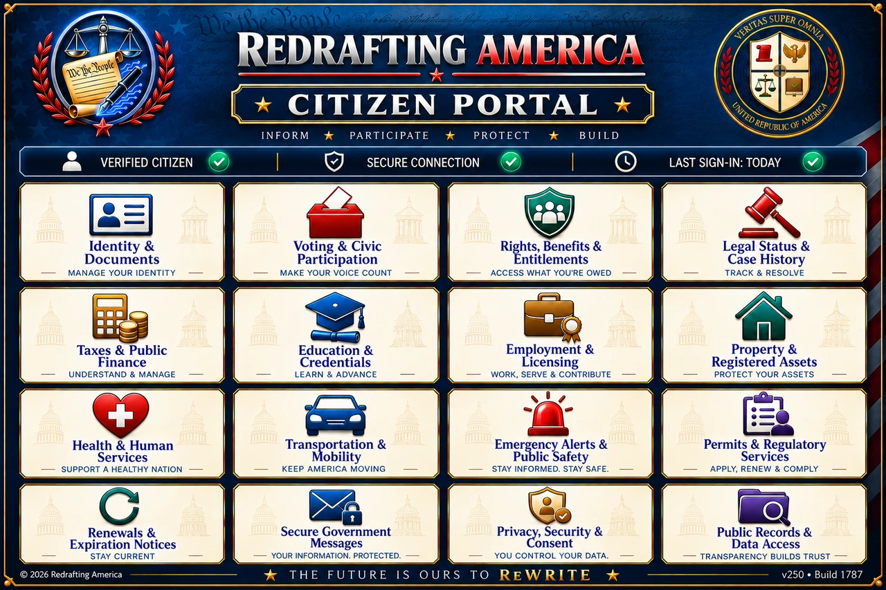 ReDrafting America Citizen Portal landscape concept showing sixteen civic-service categories, verified citizen status, a secure connection, and the tagline The Future Is Ours To ReWrite.