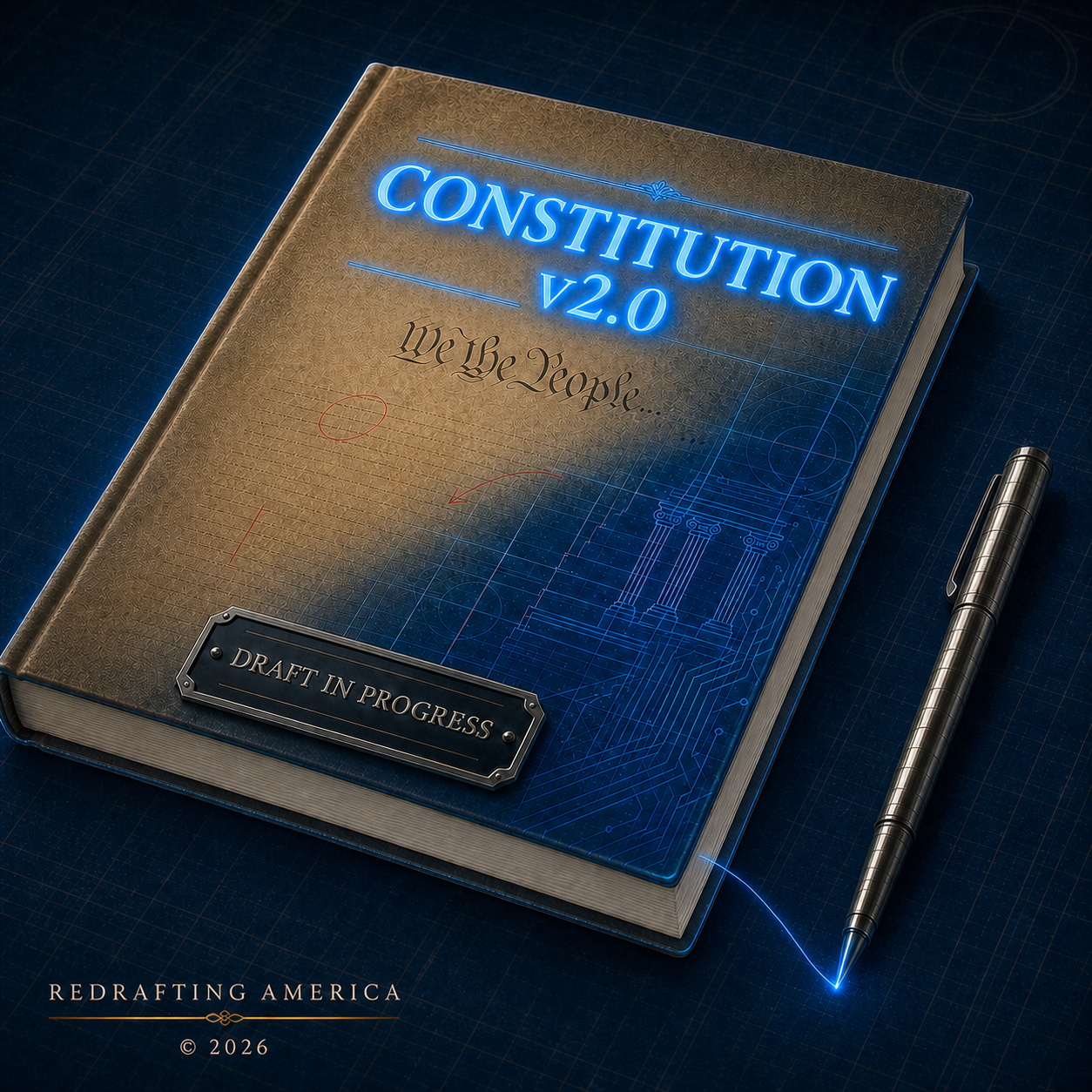 A glowing Constitution v2.0 book being redrafted by an illuminated pen, marked Draft in Progress