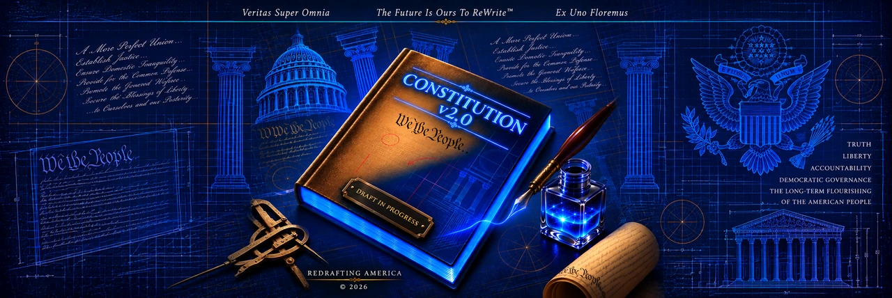 Constitution v2.0 — Draft in Progress: a glowing book and pen on a blue constitutional blueprint. Veritas Super Omnia; The Future Is Ours To ReWrite; Ex Uno Floremus. Truth, liberty, accountability, democratic governance, and the long-term flourishing of the American people.